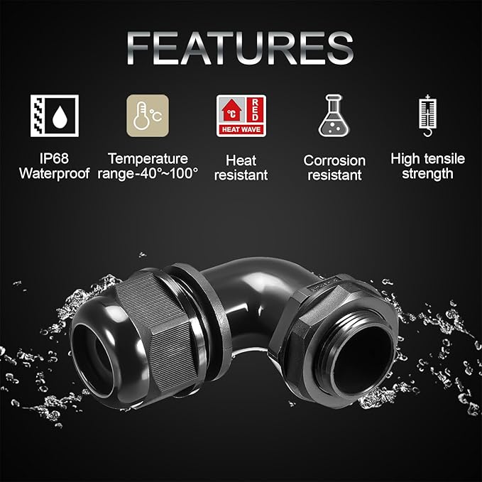 LeMotech M20 Cable Gland, 90 Degree Adjustable 9-14mm Strain Relief, Cord - Image 3