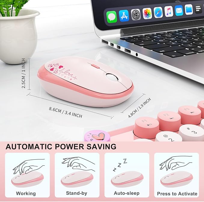 Wireless Keyboard and Mouse Combo, 104 Round Keys Full-Size Cute Colorful Pink - Image 6