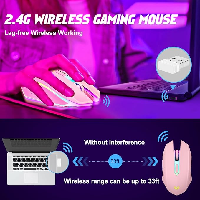 Wireless Gaming Mouse, Rechargeable Computer Mouse, 7-Color LED Light, - Image 4