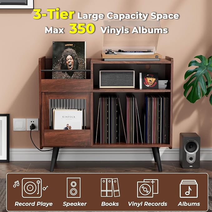 Large Record Player Stand with Sliding Door, 350 Vinyl Record Storage Cabinet - Image 4