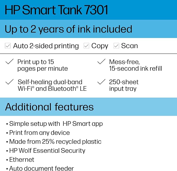 HP Smart Tank 7301 Wireless All-in-One Refillable Ink Tank Printer, Copier - Image 2