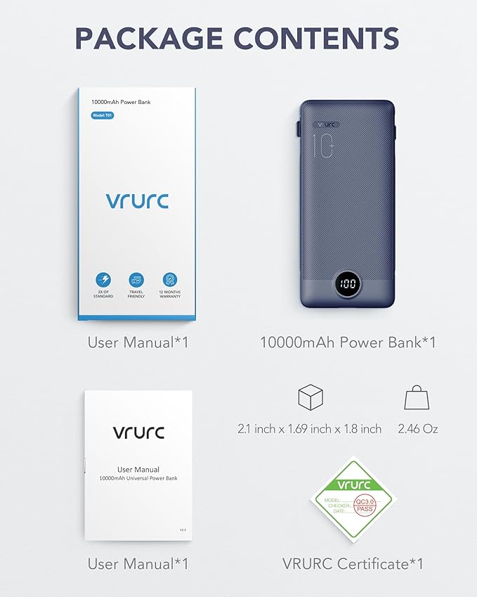 VRURC Portable Charger Built-in Cables and AC Wall Plug, USB C Power Bank - Image 8