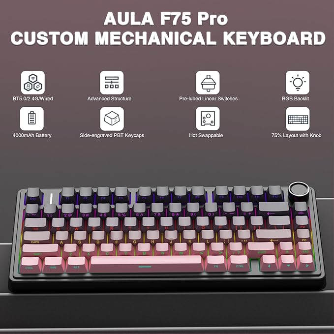 AULA F75 Pro Wireless Mechanical Keyboard, 75% Hot Swappable Custom Keyboard - Image 2