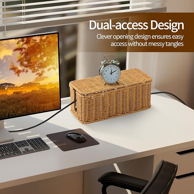 Delamu Handmade Rattan Cable Management Box, Cord Organizer - Image 3