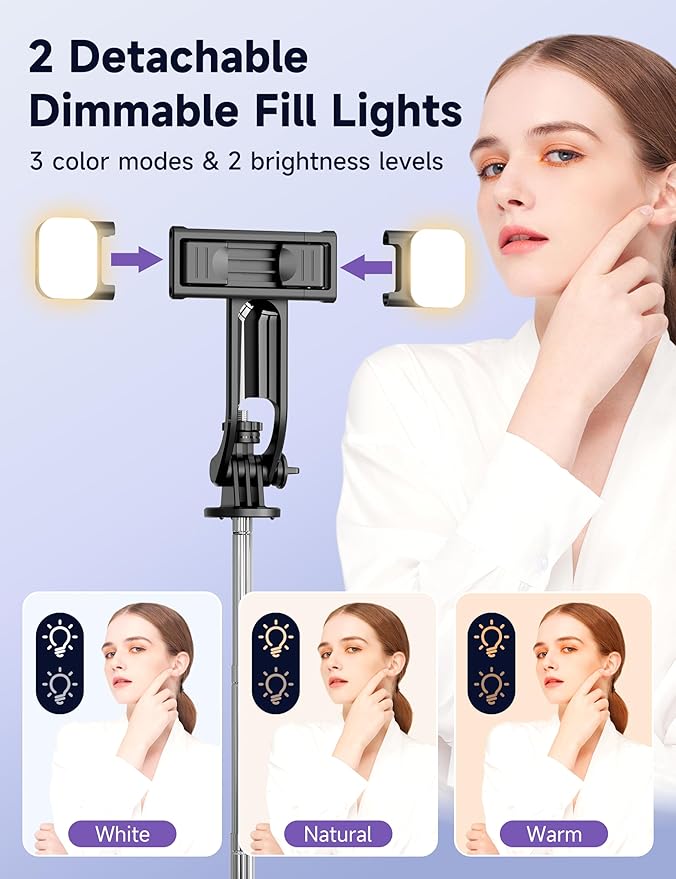 53'' Selfie Stick Tripod with Light, Extendable Selfie Stick with Remote - Image 2