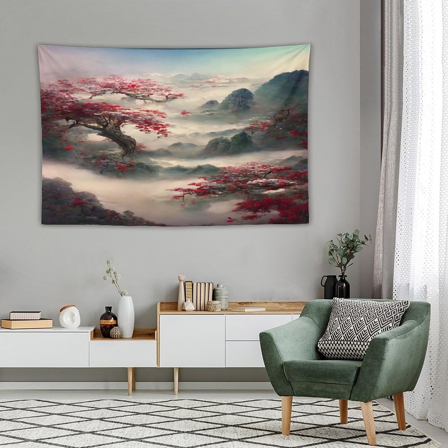 Japanese Tapestry, Red Plum Cherry Blossom Mountain, Asian Wall Art, Nature Landscape for Bedroom & Living Room Decor, 60"x40"