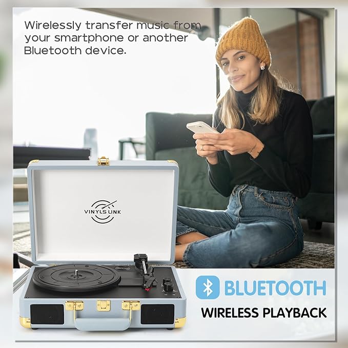 Vinyl Record Player 3-Speed Bass Control Bluetooth Suitcase Portable - Image 6