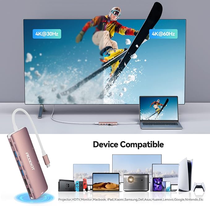Acodot 9 in 1 USB C to 4K@60HZ HDMI Multiport Adapter, 3 USB 3.0 Ports - Image 3