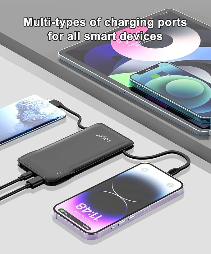 TG90° Portable Charger with Cords 10000mAh Power Bank with Built in Cables - Image 3