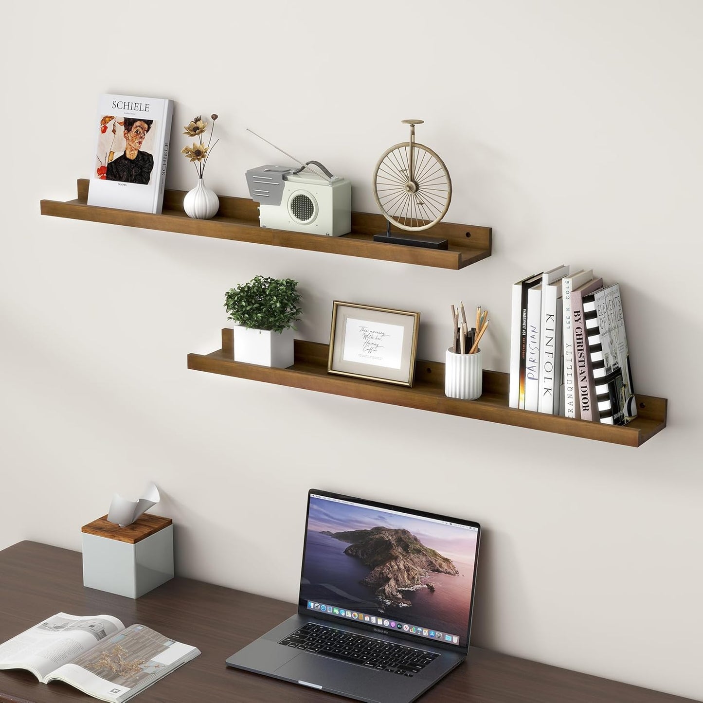 Picture Ledge Wall Shelves 36 inch Width Set of 2, Solid Pine Wood Rustic Floating Ledge Shelves for Wall for Kids' Room Bedroom Kitchen Bathroom Living Room Nursery Display Wall Decor, Walnut