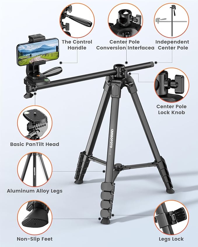 73"-Phone-Tripod-with-Horizontal-Overhead, Selfie Stick/Tall Travel Stand - Image 6