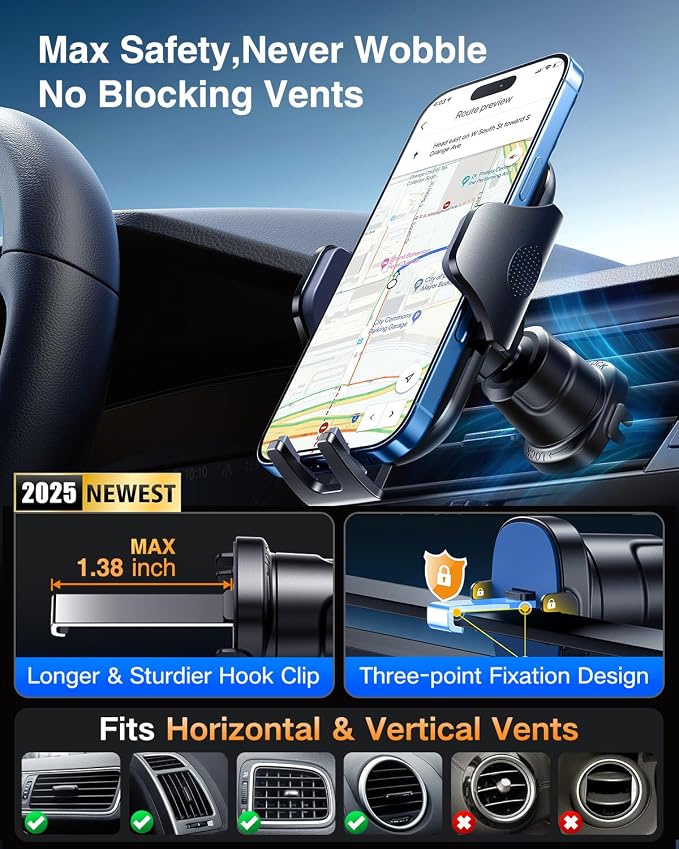 VANMASS Car Phone Holder Mount 2025 Upgraded Car Vent Phone Mount Clip - Image 6