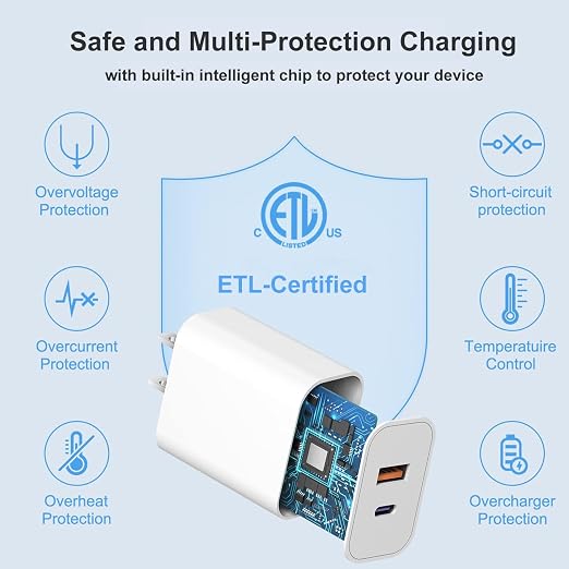USB C Wall Charger, Dual Port 10FT iPhone Charger 20W PD+QC3.0 Power Adapter - Image 3