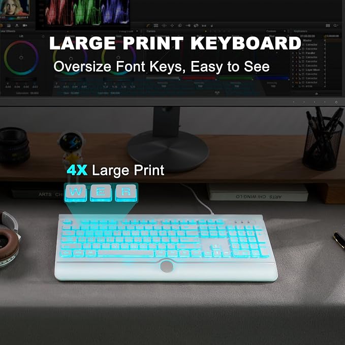 Large Print Backlit Computer Keyboard, USB Full Size Wired Keyboards - Image 3