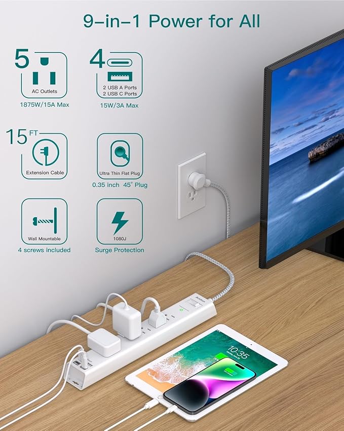 Addtam 2 Pack Surge Protector Power Strip -15ft Long Extension Cord, 5 Widely - Image 3