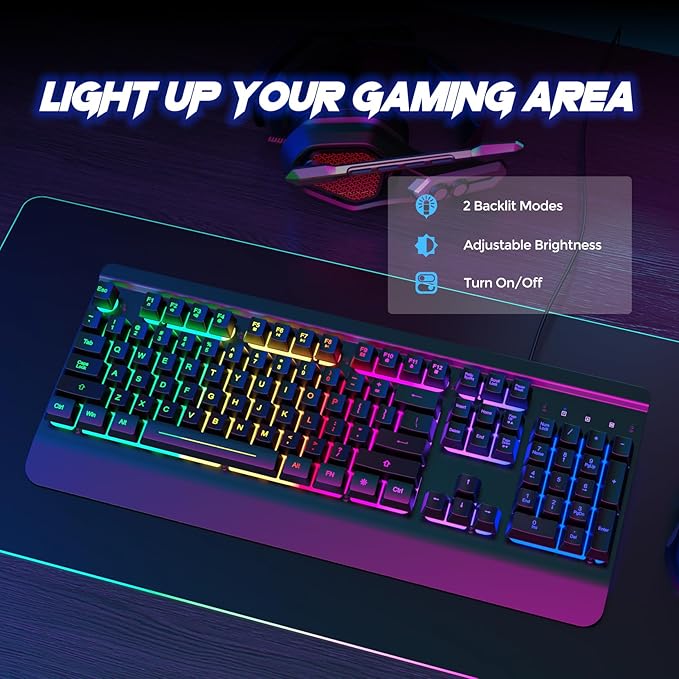 RisoPhy Gaming Keyboard, 104 Keys All-Metal Panel, Rainbow LED Backlit Silent - Image 2