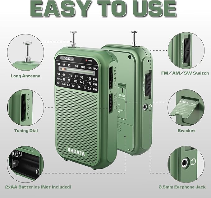 XHDATA D220 Portable AM FM SW Shortwave Receiver Pocket Radio, 2 AA Battery - Image 5