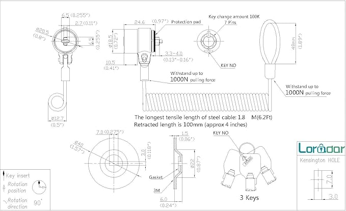 Security Hardware Cable Lock Kit, Retractable Cable Lock Portable Keyed Laptop - Image 2