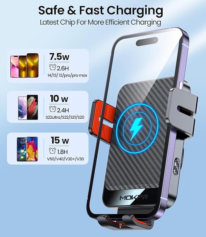 Wireless Car Charger, MOKPR 15W Fast Charging Auto-Clamping Car Mount - Image 5