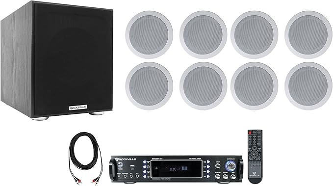 Rockville RPA60BT Home Theater Receiver Amp+ 5.25" White Ceiling Speakers+Sub by Rockville