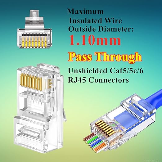 100-PACK Cat5 Cat5e Cat6 RJ45 Pass Through Connectors Ends, 1.1mm Unshielded - Image 3