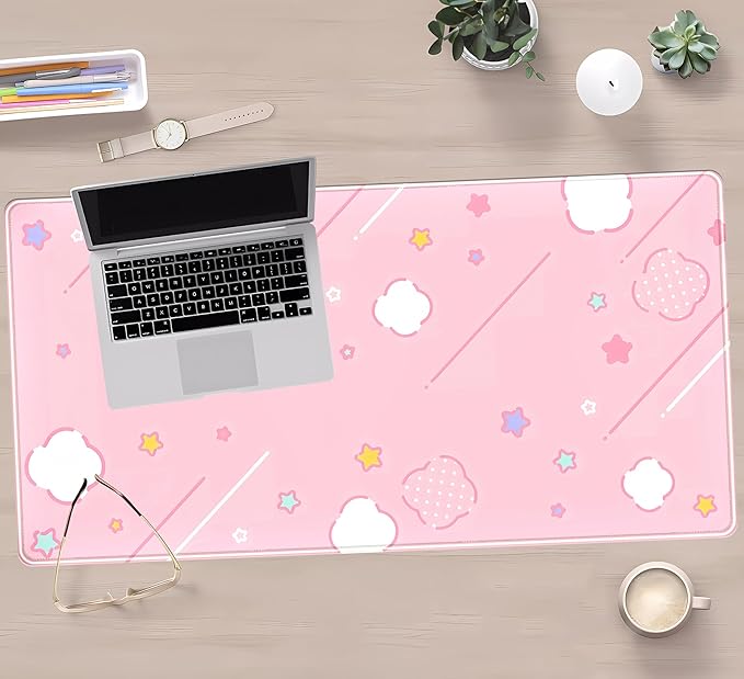 Pink Mouse Pad Large Desk Mat Gaming, Kawaii Desk Pads Stars Mouse Mat XXL Cute - Image 5