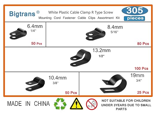 Bigtrans 305 Pcs Nylon Plastic R-Type Wire Clips 1/4" 5/16" 3/8" 1/2" 3/4" - Image 2
