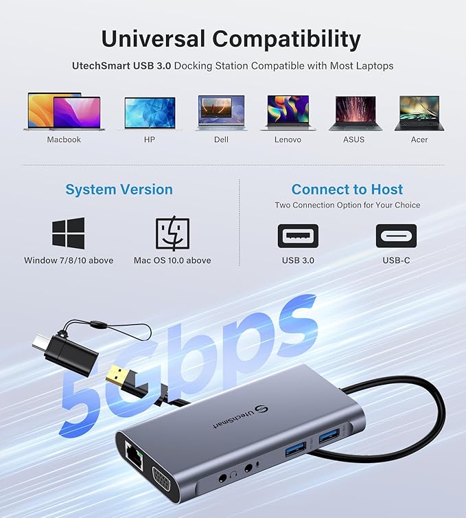 UtechSmart USB Docking Station, 11 IN 1 USB C Dock Triple Display, USB 3.0 - Image 5