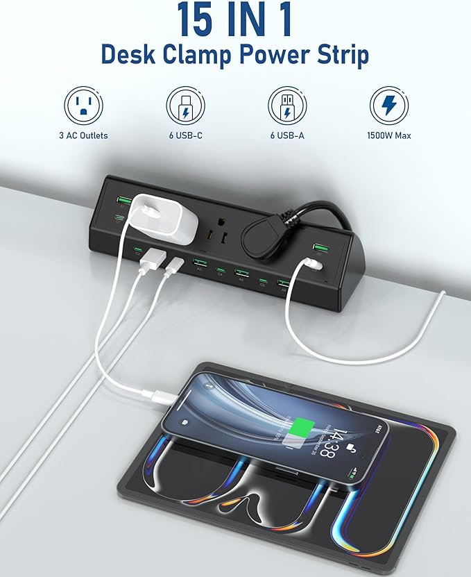 Jgstkcity 90W Desk Clamp Power Strip, 12 USB Ports, Surge Protector, ETL Listed - Image 5