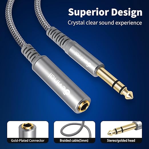 Devinal 1/4 inch Headphone Extension Cable, 6.35mm TRS Male to Female Stereo - Image 2