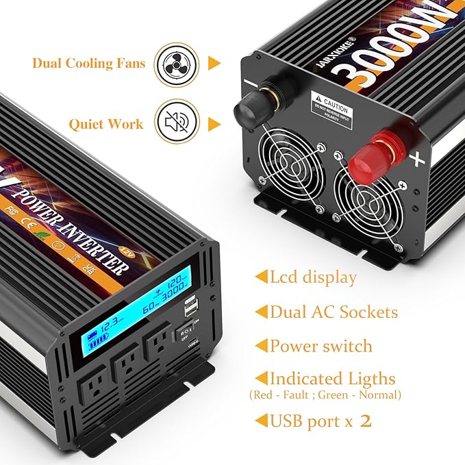 3000W Power Inverter 12V DC to AC 110V/120V 6000W Converter 3 sockets car - Image 7