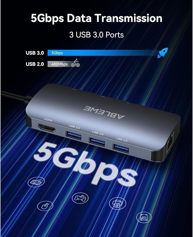 ABLEWE USB C Hub Ethernet, 8 in 1 Multiport USB C to HDMI Adapter 4K@60Hz - Image 4