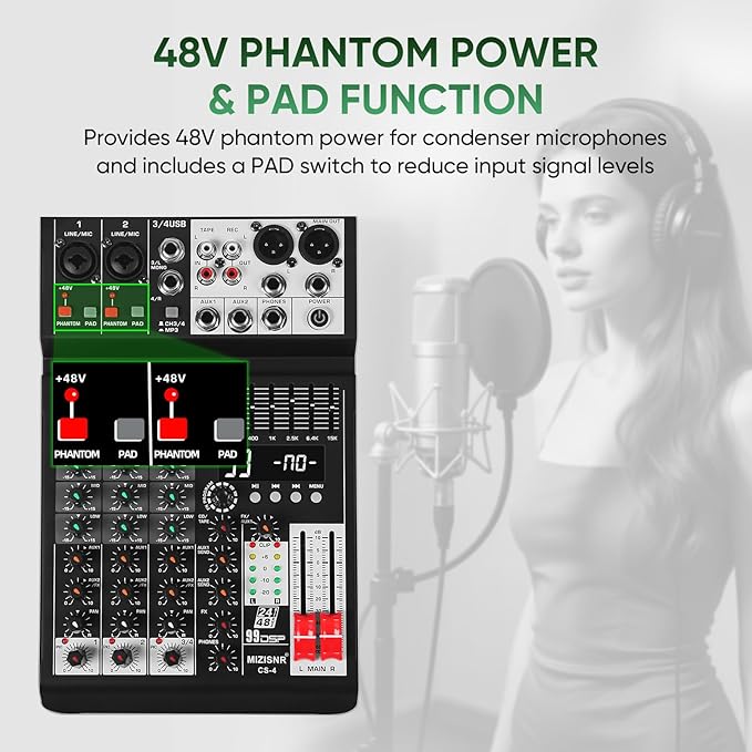 Audio Mixer 4 Channel Sound Mixer Console, Professional Music Mixing Board DJ - Image 6