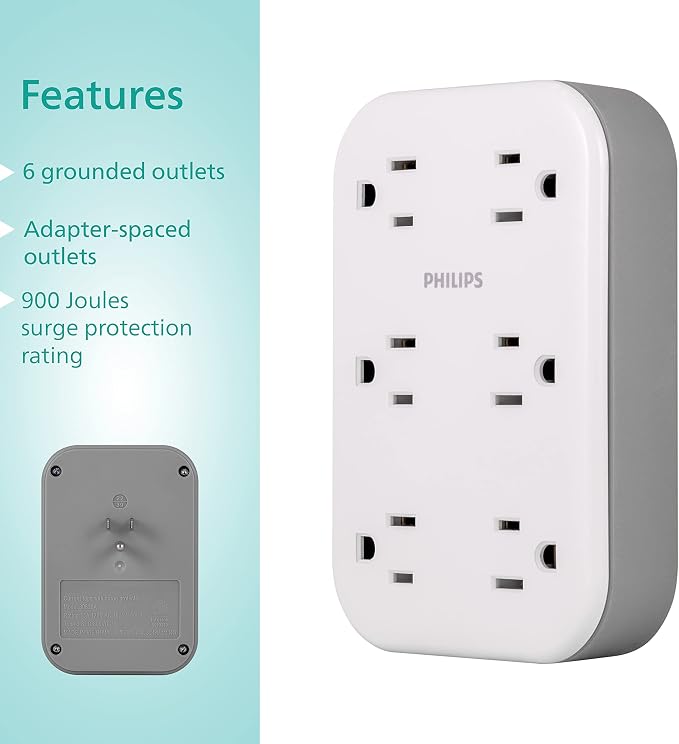 Philips EZFit 6-Outlet Surge Protector Outlet Extender, Wall Tap, Grounded - Image 2