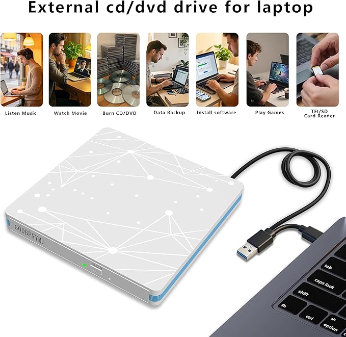 External CD/DVD Drive for Laptop, USB CD Drive, USB C Plug and Play Optical - Image 2