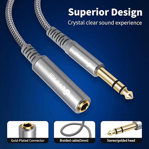 Devinal 1/4 inch Headphone Extension Cable, 6.35mm TRS Male to Female Stereo - Image 2