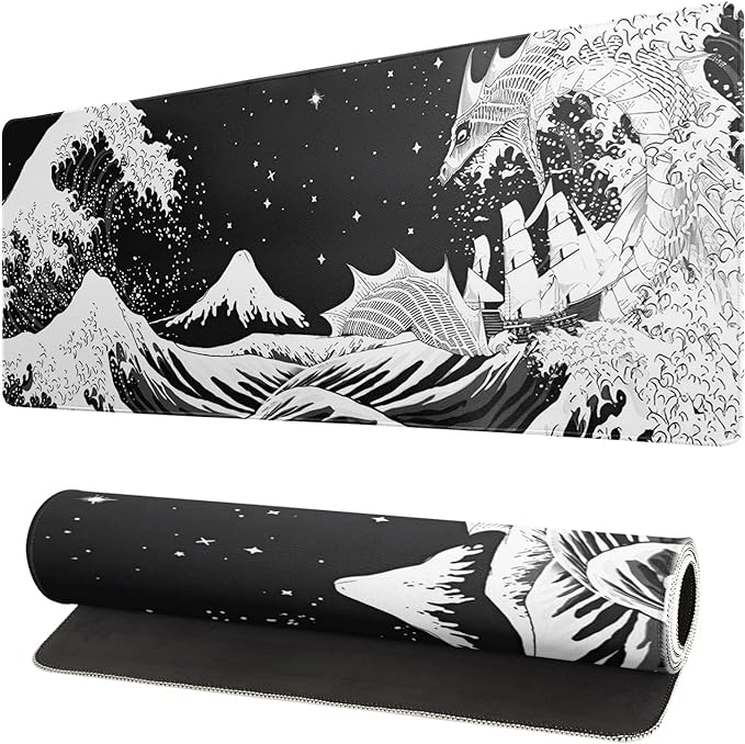 Black and White Japanese Wave Dragon Gaming Mouse Pad by Siski