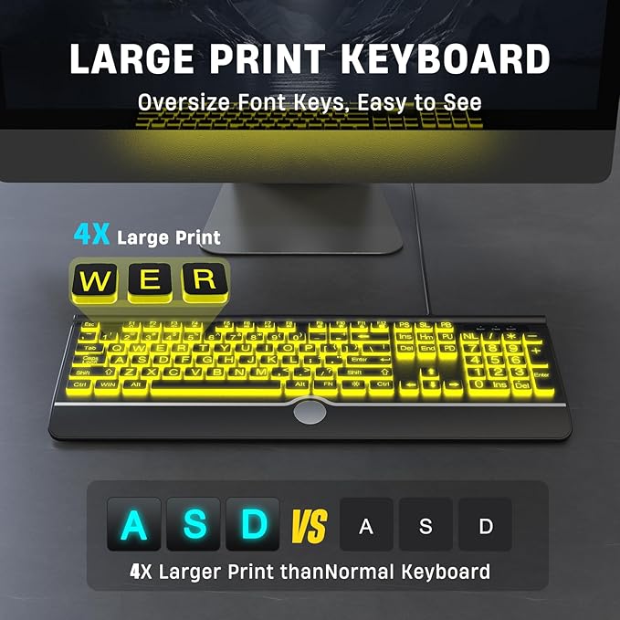 Large Print Backlit Computer Keyboard, USB Full Size Wired Keyboards - Image 4
