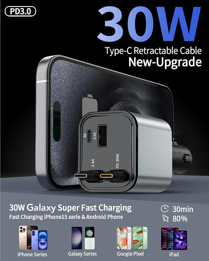 Retractable Car Charger, 4 in 1 Fast Car Phone Charger 66W, 2 Retractable - Image 4