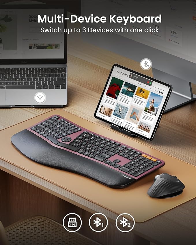 ProtoArc Backlit Bluetooth Ergonomic Keyboard, EK01 Plus Full Size Wireless - Image 3