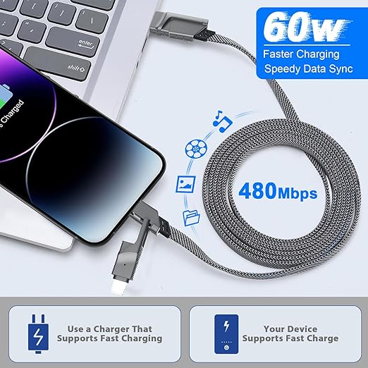 2Pack 6FT 4 in 1 USB C Cable for Lightning, 60W Fast Charging, Flat Braided - Image 2