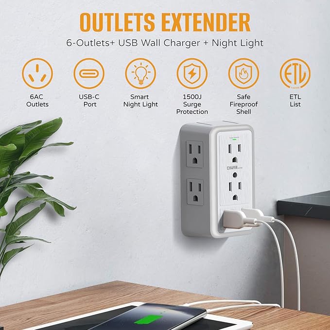 USB Wall Charger Surge Protector, Super Electro 6 Outlet Extender - Image 3