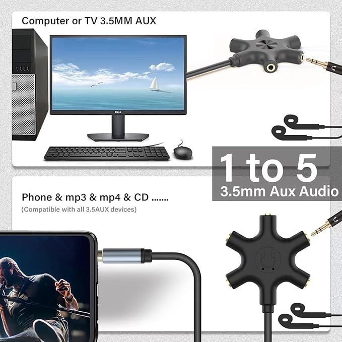 Multi Headphone Audio Splitter, 5-Way 3.5mm Jack Stereo Headset Adapter to - Image 4