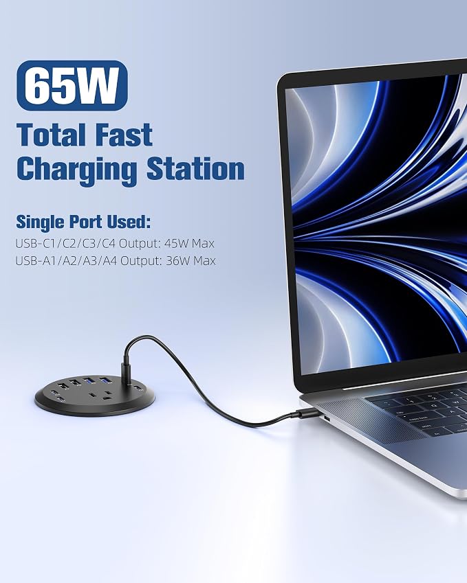 Jgstkcity 65W USB-C Hidden Desktop Power Grommet: 1 AC Outlet, 8 USB Charging - Image 2