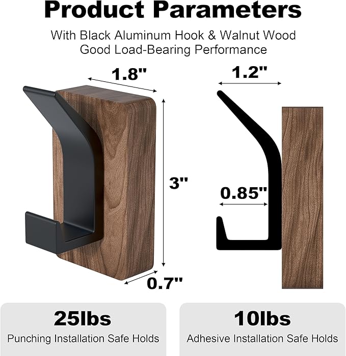 4 PCS Black Walnut Wood Wall Hooks Adhesive Mounted & Wall Mounted Rustic - Image 2