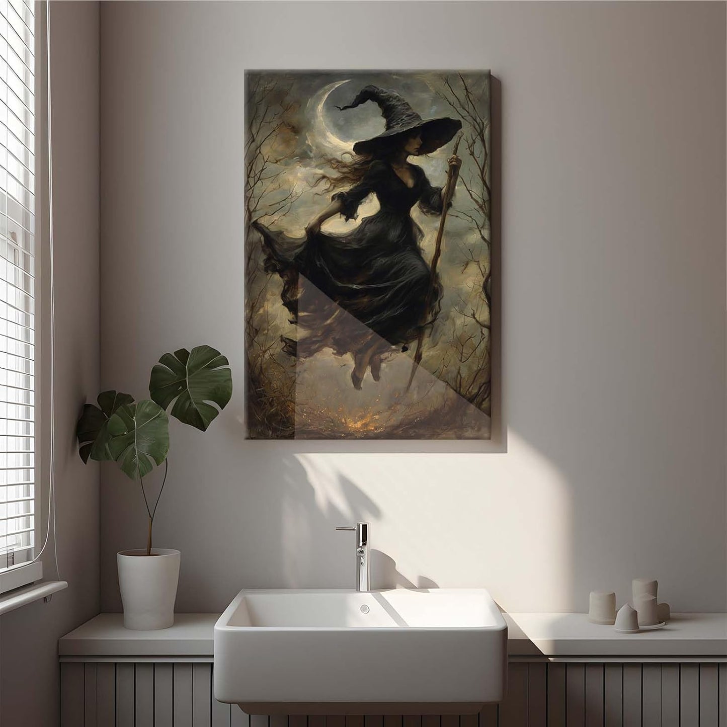 JFHCQJPK Witch in the Forest Halloween Print Wall Art Poster Witch Decor Vintage Print Dark College Wall Art Victorian Gothic Room Decor Canvas Wall Print12x16in Frameless