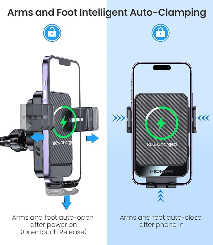 Wireless Car Charger, MOKPR 15W Fast Charging Auto-Clamping Car Mount Universal - Image 3