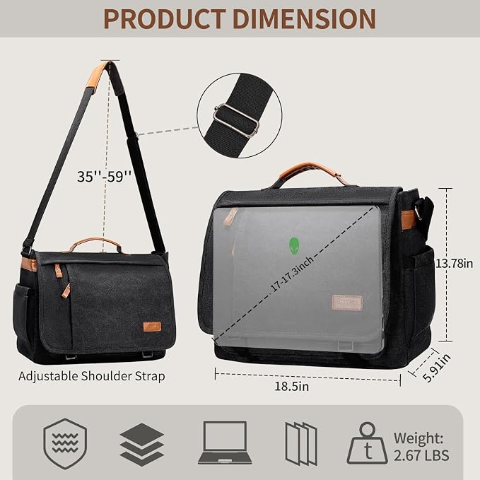 ESTARER Men's Messenger Bag 17.3 Inch Upgraded, Water-resistant Canvas Laptop - Image 6