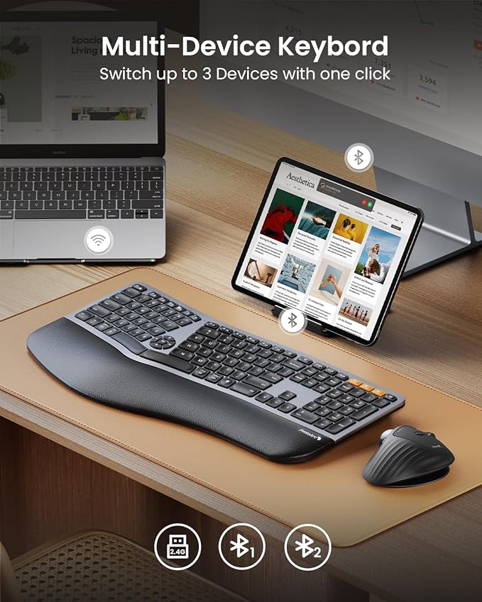 Backlit Bluetooth Ergonomic Keyboard, ProtoArc EK01 Plus Full Size Wireless - Image 3
