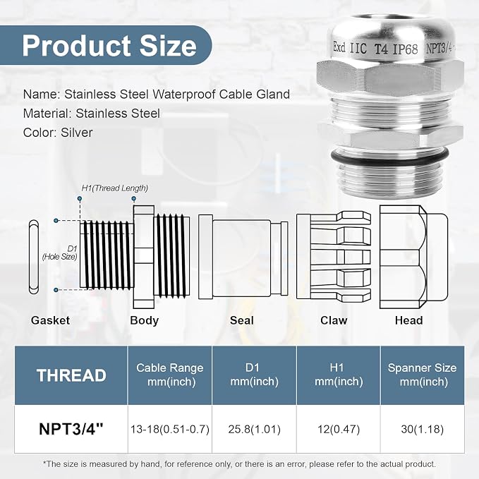 NPT 3/4" Stainless Steel Waterproof Cable Gland IP68 Waterproof Cable Gland - Image 2